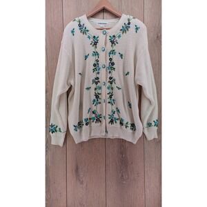Alfred Dunner 2X Embroidered Knit Cardigan Cream Button Front Vintage Hong Kong